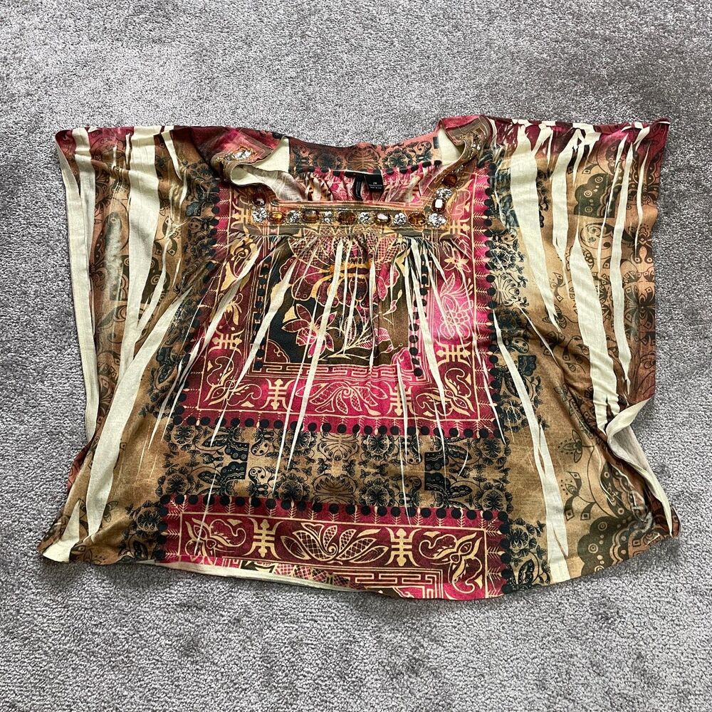 New Directions Blouse Womens 2XL Multicolor Rhinestones Beaded Boho Batwing Top
